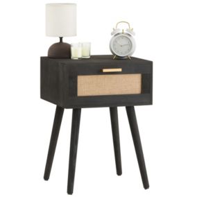 Table de chevet KIRAN 1 tiroir, table de nuit design vintage en bois lasuré noir et lin