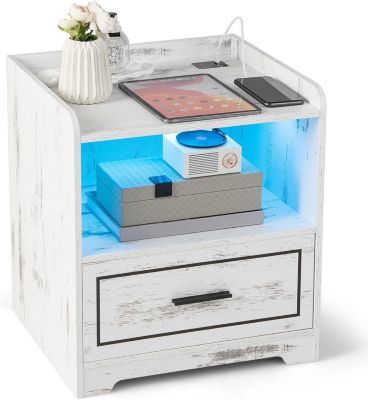 Table de Chevet LED 3 Couleurs Induction Corporelle Table de Nuit avec 2 Ports USB