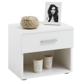 Table de chevet MAEL, table de nuit casier avec 1 tiroir et 1 niche, en mélaminé blanc mat et blanc brillant