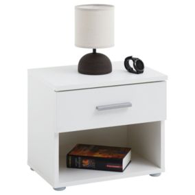 Table de chevet MAEL, table de nuit casier avec 1 tiroir et 1 niche, en mélaminé blanc mat