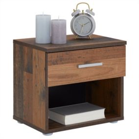 Table de chevet MAEL, table de nuit casier avec 1 tiroir et 1 niche, en mélaminé décor bois old style