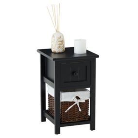 Table de chevet MESSINA table de nuit en bois noir avec 1 tiroir et 1 panier en osier et insert en tissu blanc