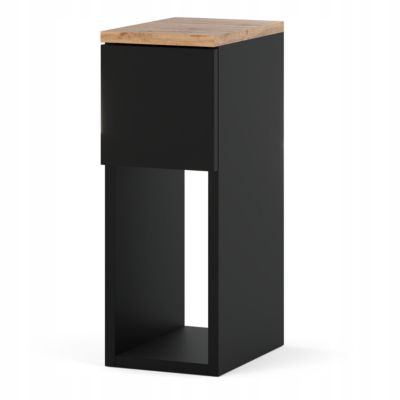 Table de chevet noire et chêne Wotan, étroite 20 cm, petite table de nuit loft compacte