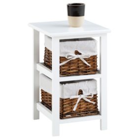 Table de chevet NOKOMIS table de nuit en bois avec 2 paniers en osier et insert en tissu blanc, meuble pour chambre lasuré blanc