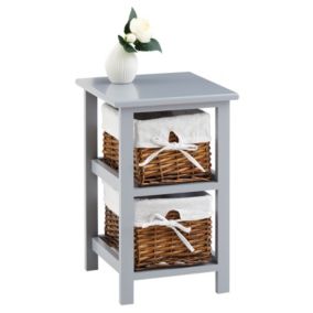 Table de chevet NOKOMIS table de nuit en bois avec 2 paniers en osier et insert en tissu blanc, meuble pour chambre lasuré gris