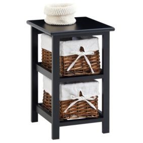 Table de chevet NOKOMIS table de nuit en bois avec 2 paniers en osier et insert en tissu blanc, meuble pour chambre lasuré noir