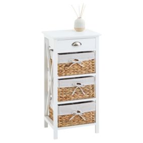 Table de chevet NUSCO table de nuit en bois lasuré blanc avec 1 tiroir et 3 paniers en fibre naturelle et insert en tissu blanc