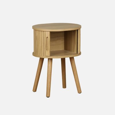 Table de chevet ovale 2 portes coulissantes poignées creusées. effet bois rainuré. L40 x l34 x H54.8cm