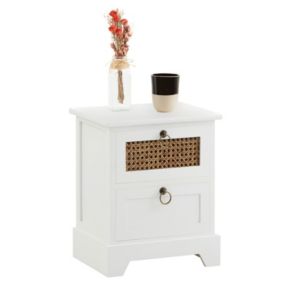 Table de chevet PADMA 2 tiroirs, table de nuit design vintage en bois lasuré blanc et rotin