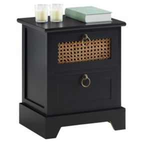 Table de chevet PADMA 2 tiroirs, table de nuit design vintage en bois lasuré noir et cannage en rotin