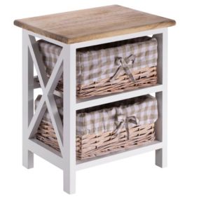 Table de chevet PERUGIA table de nuit 2 paniers en bois de paulownia style shabby chic vintage rustique campagnard blanc et brun