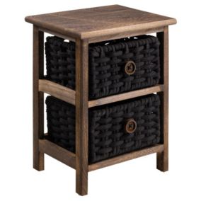 Table de chevet PLUTO petite commode de nuit en bois de paulownia brun foncé, avec 2 paniers en coton tressé noir