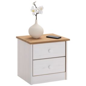 Table de chevet RONDO avec 2 tiroirs, table de nuit en pin massif, chevet en bois lasuré blanc et brun