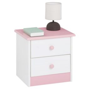Table de chevet RONDO avec 2 tiroirs, table de nuit en pin massif, chevet en bois lasuré blanc et rose