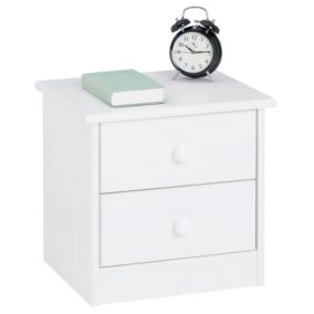 Table de chevet RONDO avec 2 tiroirs, table de nuit en pin massif, chevet en bois lasuré blanc