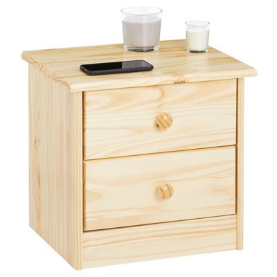 Table de chevet RONDO avec 2 tiroirs, table de nuit en pin massif, chevet en bois vernis naturel