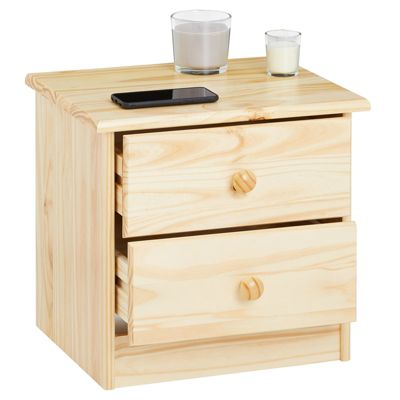 Table de chevet RONDO avec 2 tiroirs, table de nuit en pin massif, chevet en bois vernis naturel