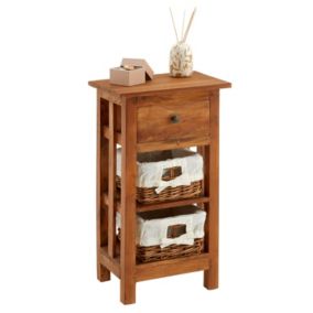 Table de chevet TOURNETTE H 71 cm avec 1 tiroir et 2 paniers, table de nuit en acajou à la finition naturelle