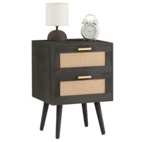 Table de chevet WAMAN petite commode de nuit avec 2 tiroirs, en bois de paulownia lasuré noir et lin naturel, style vintage