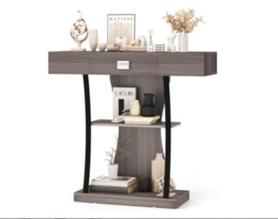 Table de Console à 3 Niveaux Table Entrée avec Tiroir  Dispositif Anti Basculement Gris