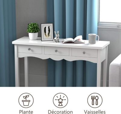 Table de Console en Bois avec 3 Tiroirs Meuble de Rangement Moderne Montage Facile pour Salon Chambre Bureau Entree Blanc