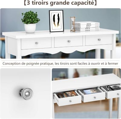 Table de Console en Bois avec 3 Tiroirs Meuble de Rangement Moderne Montage Facile pour Salon Chambre Bureau Entree Blanc