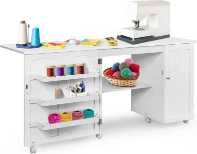Table De Couture Pliable 2 En 1 Avec Station De Charge - Bois, Roulettes, Étagères, Idéale Salon Ou Chambre