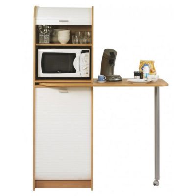 Table de Cuisine et Meuble Rangement 5 Niches - Hêtre + rideau blanc - L 131.1 x l 60 x H 180.7 cm