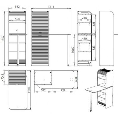 Table de Cuisine et Meuble Rangement 5 Niches - Hêtre + rideau blanc - L 131.1 x l 60 x H 180.7 cm