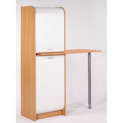 Table de Cuisine et Meuble Rangement 5 Niches - Hêtre + rideau blanc - L 131.1 x l 60 x H 180.7 cm