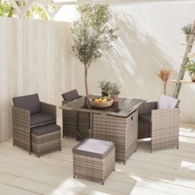 Table de jardin 4-8 places nuances de gris coussins gris chiné. table encastrable + Housse de protection gris foncé polyester