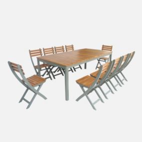 Table de jardin acacia avec coins arrondis. 10 chaises. kaki. 200 x 100 x 75 cm