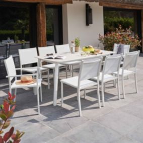 Table de jardin aluminium et pierre, 6 chaises et 2 fauteuils blanc  Oviala