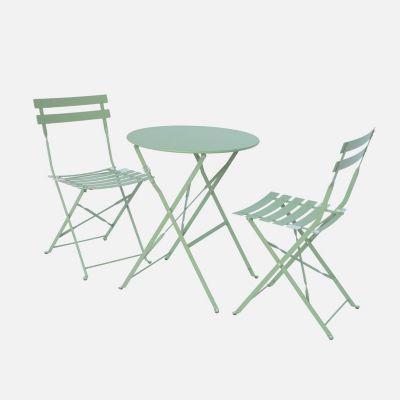 Table de jardin bistrot pliable ronde D.60 x 70cm. avec deux chaises pliantes. acier thermolaqué