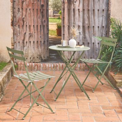 Table de jardin bistrot pliante métal + 2 assises vert de gris D.60 x 70cm. acier thermolaqué