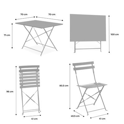 Table de jardin bistrot rectangulaire pliable métal 110 x 70cm. 4 places