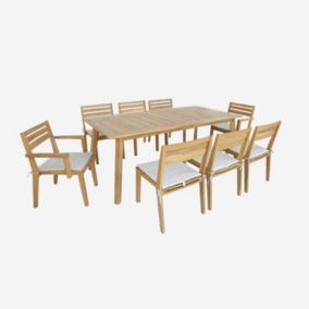 Table de jardin bois d'acacia 2 fauteuils 6 chaises PALENA et MERINA 275 x 100 x 75 cm naturel et beige