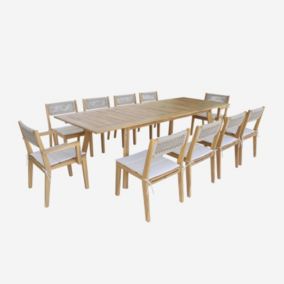 Table de jardin bois d'acacia 2 fauteuils 8 chaises PALENA et GALENA 275 x 100 x 75 cm naturel et beige