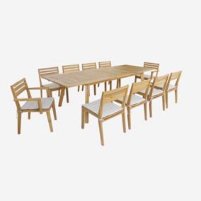 Table de jardin bois d'acacia 2 fauteuils 8 chaises PALENA et MERINA 275 x 100 x 75 cm naturel et beige