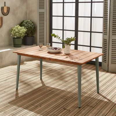 Table de jardin bois d'acacia et acier galvanisé MARINGA. kaki.  L150 x P90 x H76cm