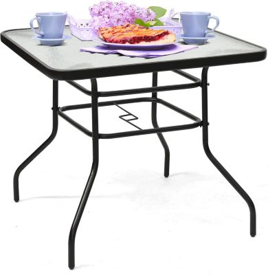 Table de Jardin Carrée Plateau en Verre Trempé à Eau avec Trou de Parasol Charge 75KG pour Terrasse Balcon