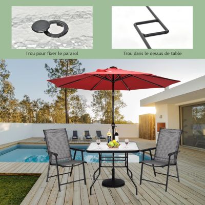 Table de Jardin Carrée Plateau en Verre Trempé à Eau avec Trou de Parasol Charge 75KG pour Terrasse Balcon