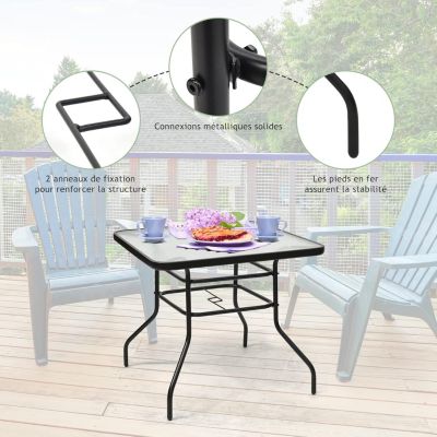 Table de Jardin Carrée Plateau en Verre Trempé à Eau avec Trou de Parasol Charge 75KG pour Terrasse Balcon