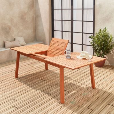 Table de jardin en bois 180-240cm - Almeria - Grande table rectangulaire avec rallonge eucalyptus. Intérieur / Extérieur