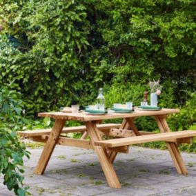 Table de jardin en bois 6 places avec bancs repliables