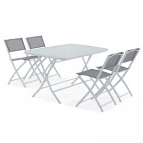 Table de jardin et 4 chaises pliantes en acier et verre gris  Oviala