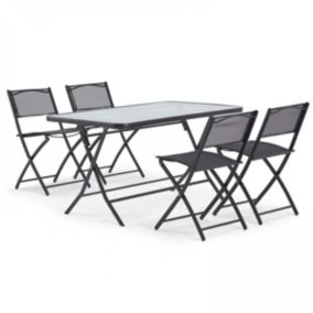 Table de jardin et 4 chaises pliantes en acier et verre noir  Oviala