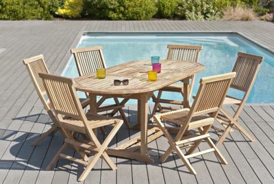 Table de jardin et chaises en bois teck 6/8 personnes