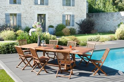 Table de jardin et chaises en teck 10/12 personnes