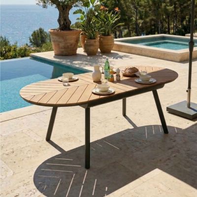 Table de jardin extensible 8 à 10 places effet bois en alu et polywood  Oviala